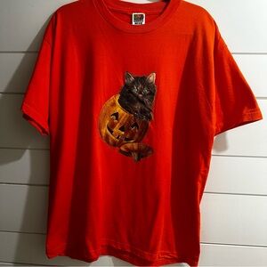 Vintage Halloween Shirt 1990s Cat In Pumpkin Orange Size XL
